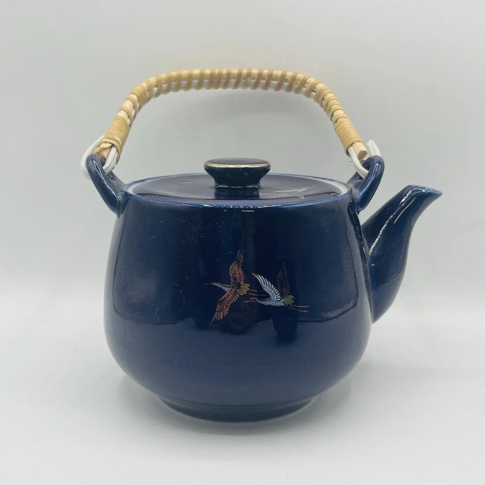 Vintage Japanese Cobalt Blue Tea Set With Gold Peacock Design - Teapot W/ 4 Cups